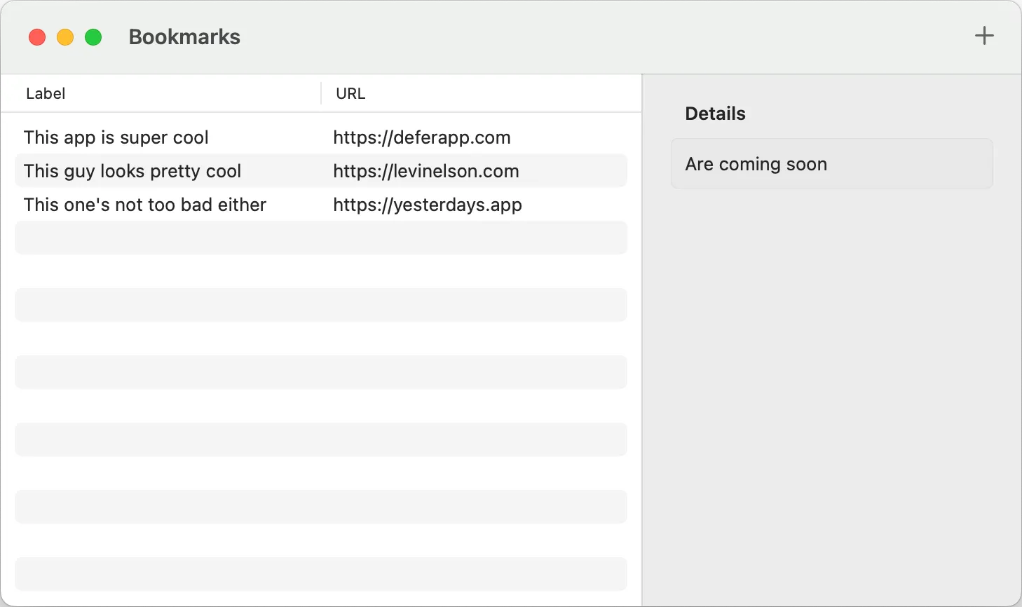 Screenshot of bookmarks prototype app.